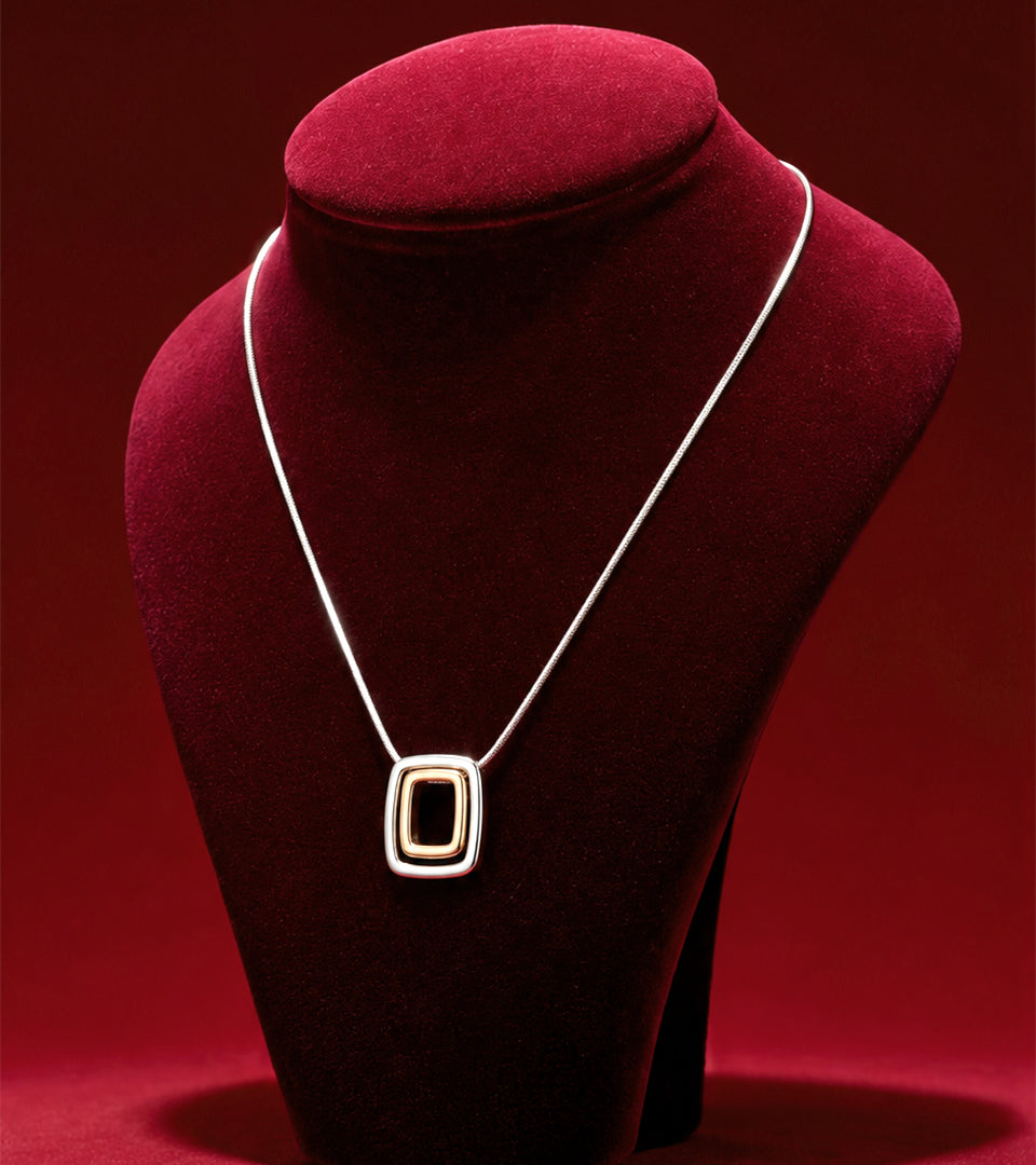 Two-Tone Geometric | Brass & Silver Plated | Rectangle Pendant Necklace