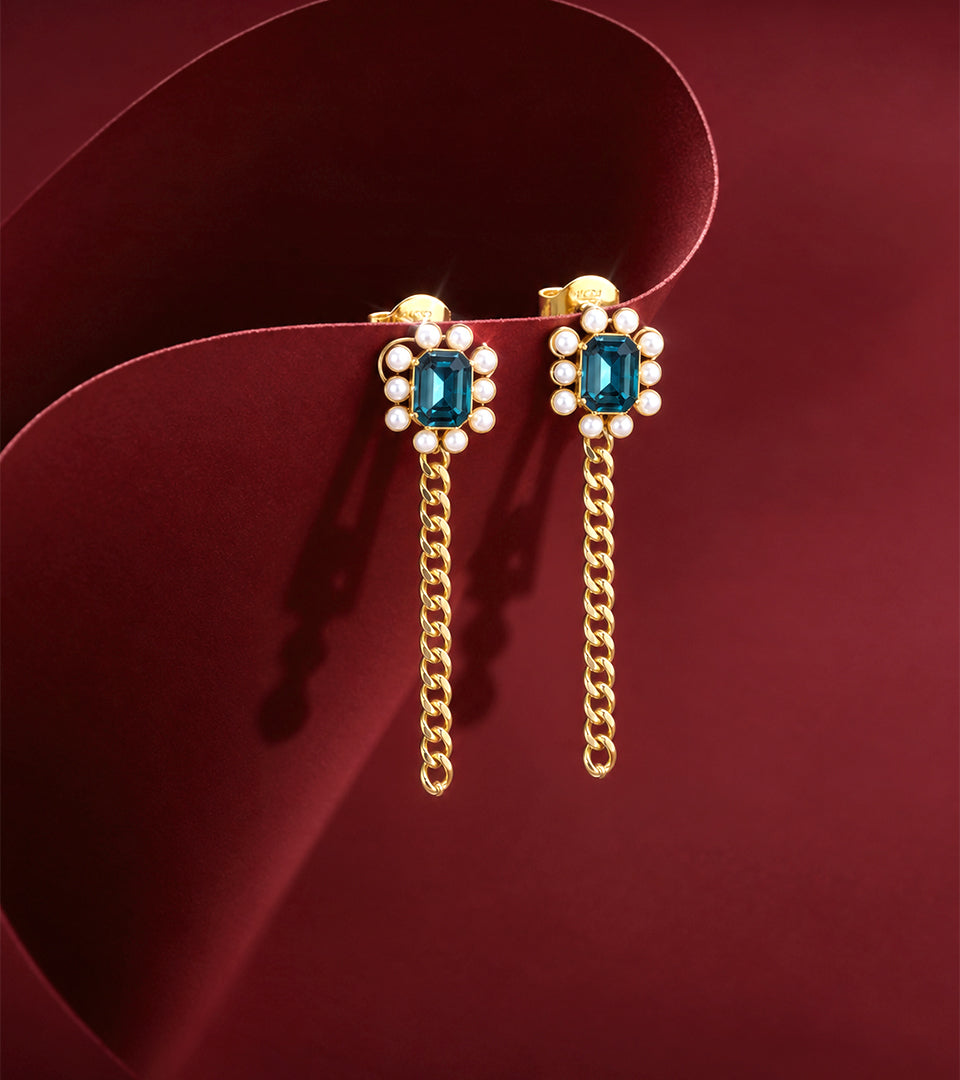 Premium Blue Gemstone | Brass & 18K Gold Plated | Pearl Chain Earrings