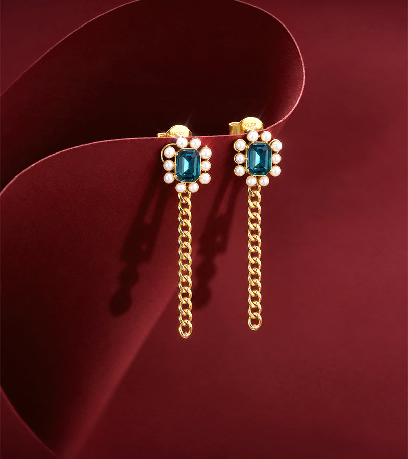 Premium Blue Gemstone | Brass & 18K Gold Plated | Pearl Chain Earrings