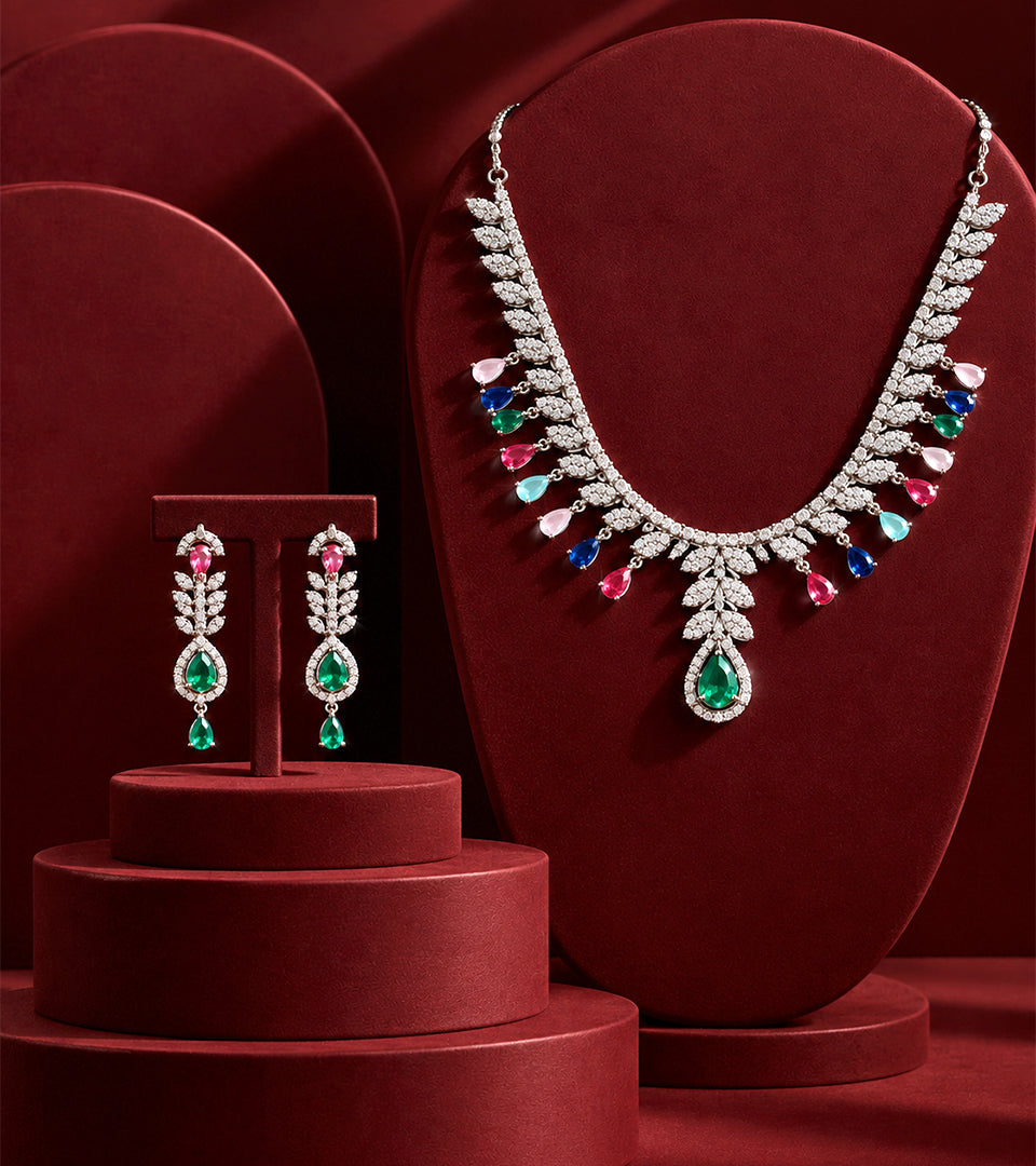 Emerald Floral Cascade Necklace Set