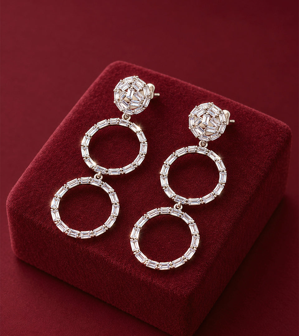 Silver Double Circle | Brass & Silver Plated | Baguette Drop Earrings