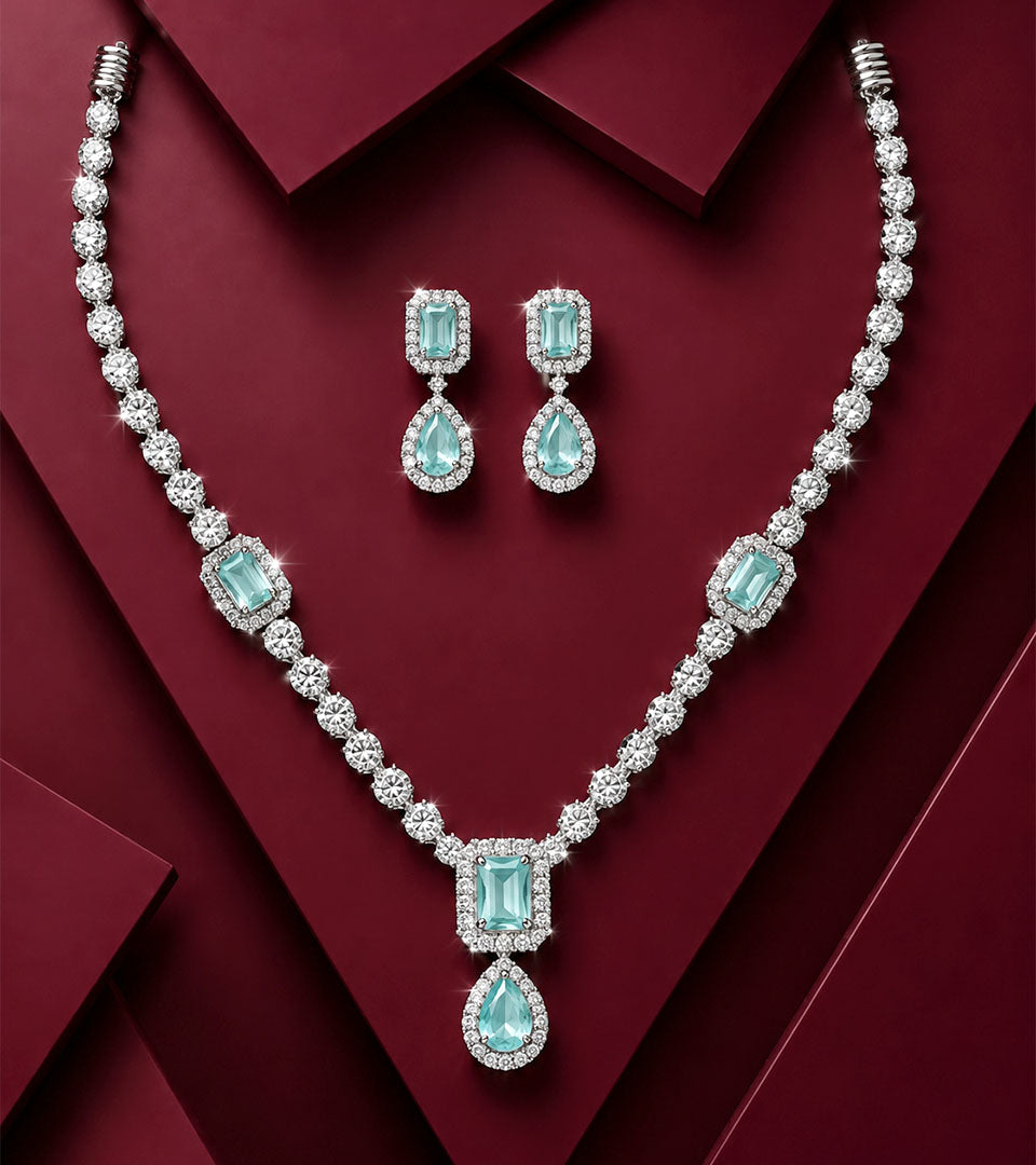 Aqua Blue CZ Necklace & Earrings Set