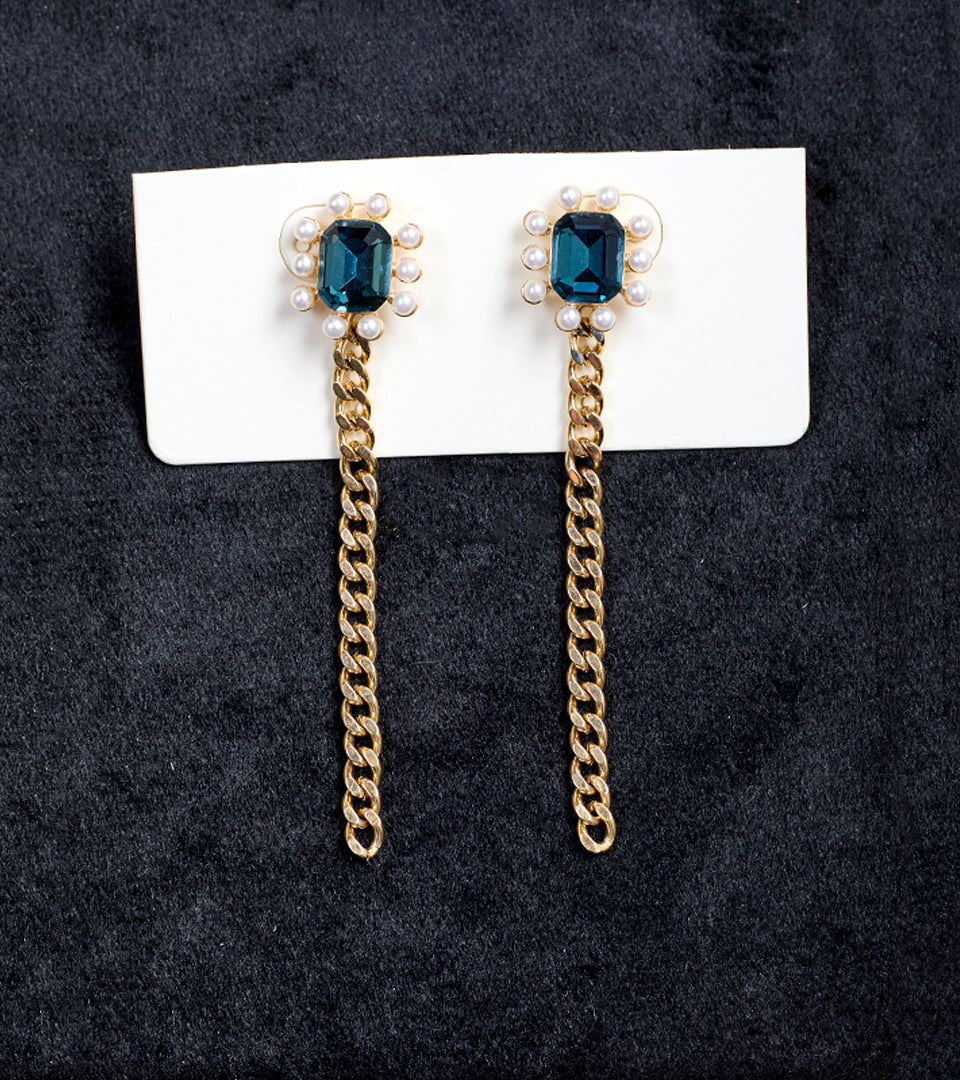 Premium Blue Gemstone | Brass & 18K Gold Plated | Pearl Chain Earrings