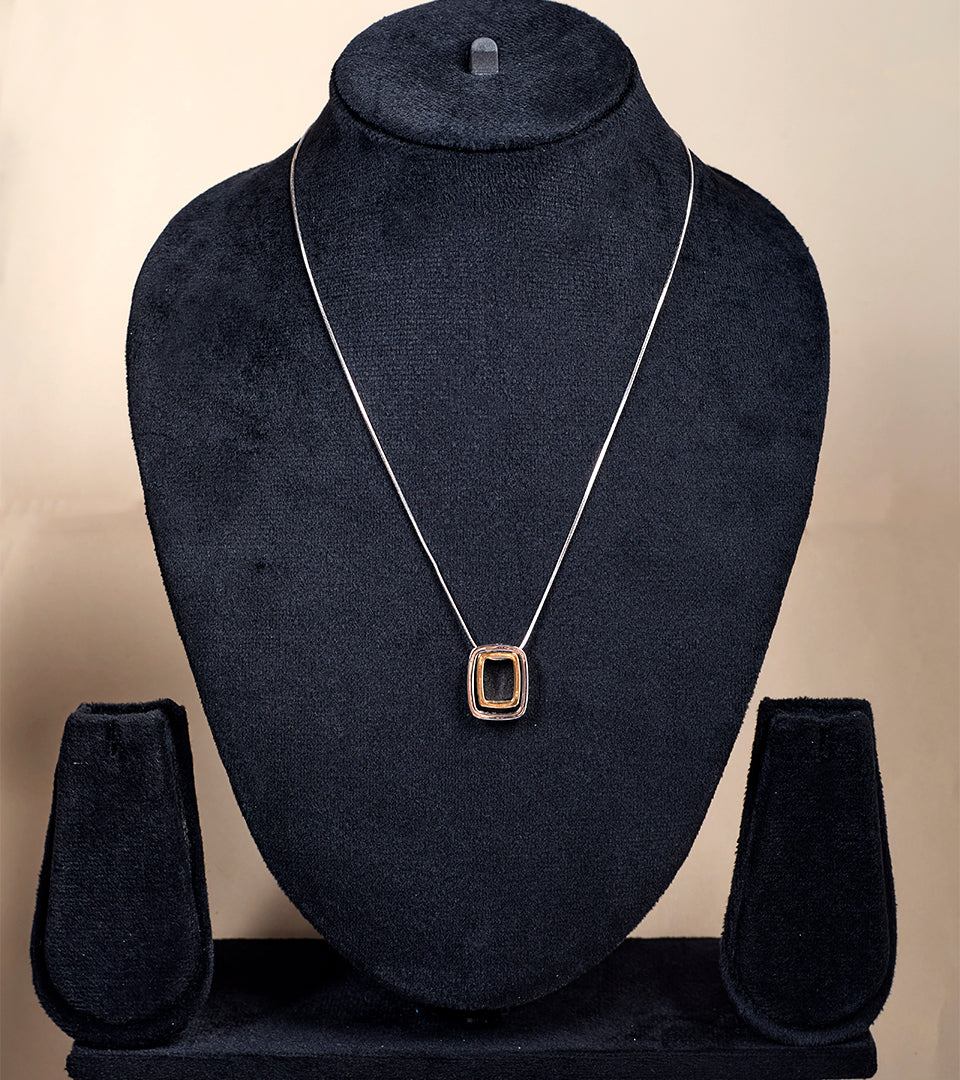Two-Tone Geometric | Brass & Silver Plated | Rectangle Pendant Necklace
