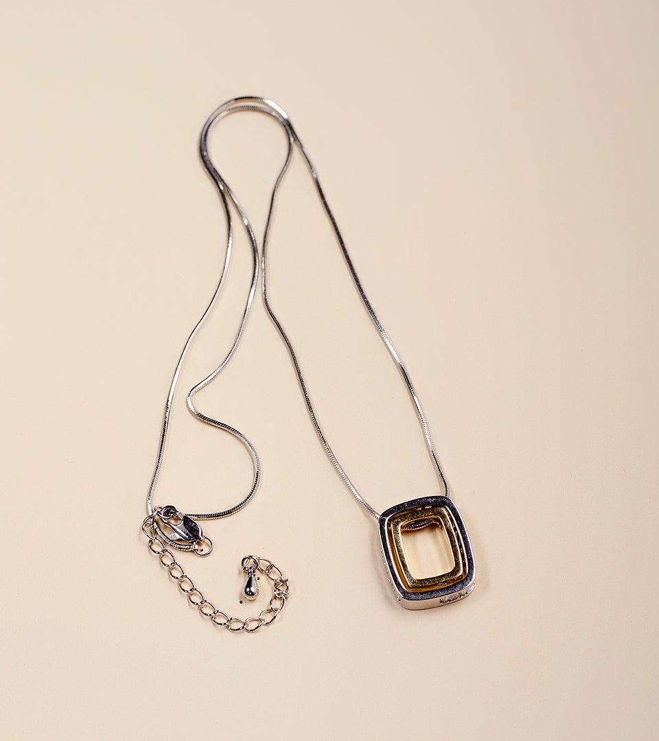 Two-Tone Geometric | Brass & Silver Plated | Rectangle Pendant Necklace