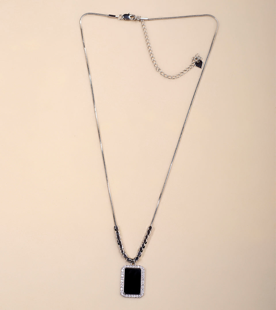 Silver Two-Tone Nested Rectangle Pendant Necklace - silver snake chain with two-tone geometric pendant