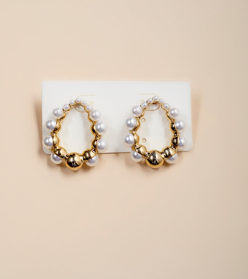 Gold Pearl Scallop Hoop Earrings - gold scallop hoops with pearl detailing