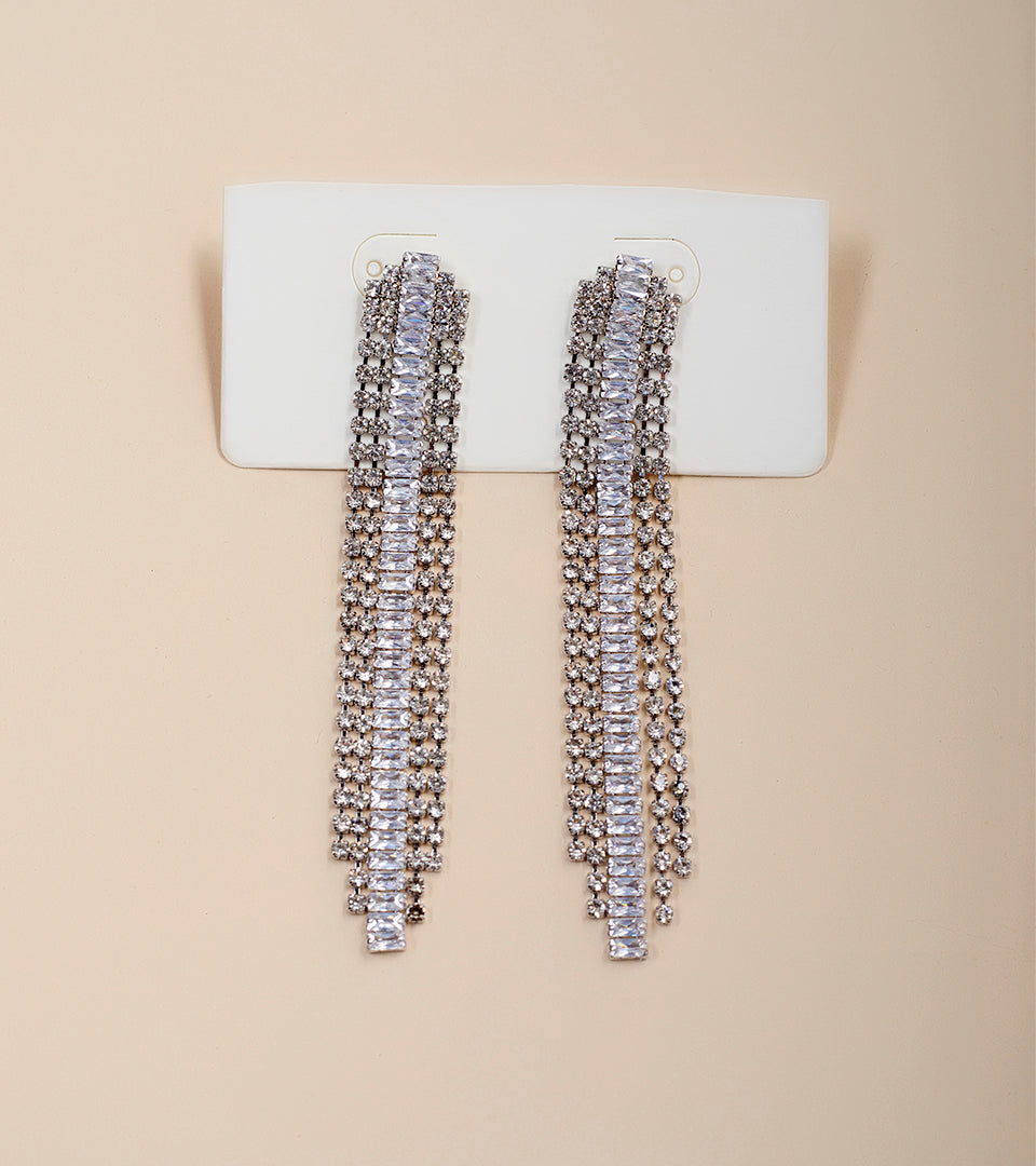 Silver CZ Tassel Fringe Drop Earrings - silver multi-row baguette CZ tassel drop earrings