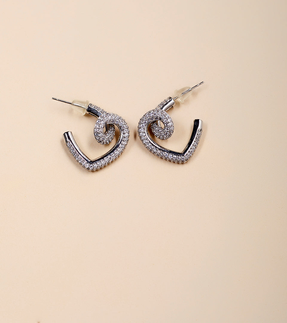 Silver Pavé Heart Swirl Hoop Earrings - silver open heart hoop with CZ swirl accent