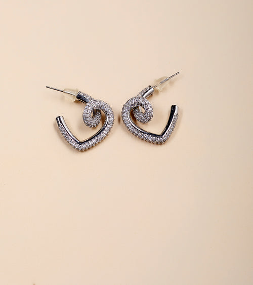 Silver Pavé Heart Swirl Hoop Earrings - silver open heart hoop with CZ swirl accent