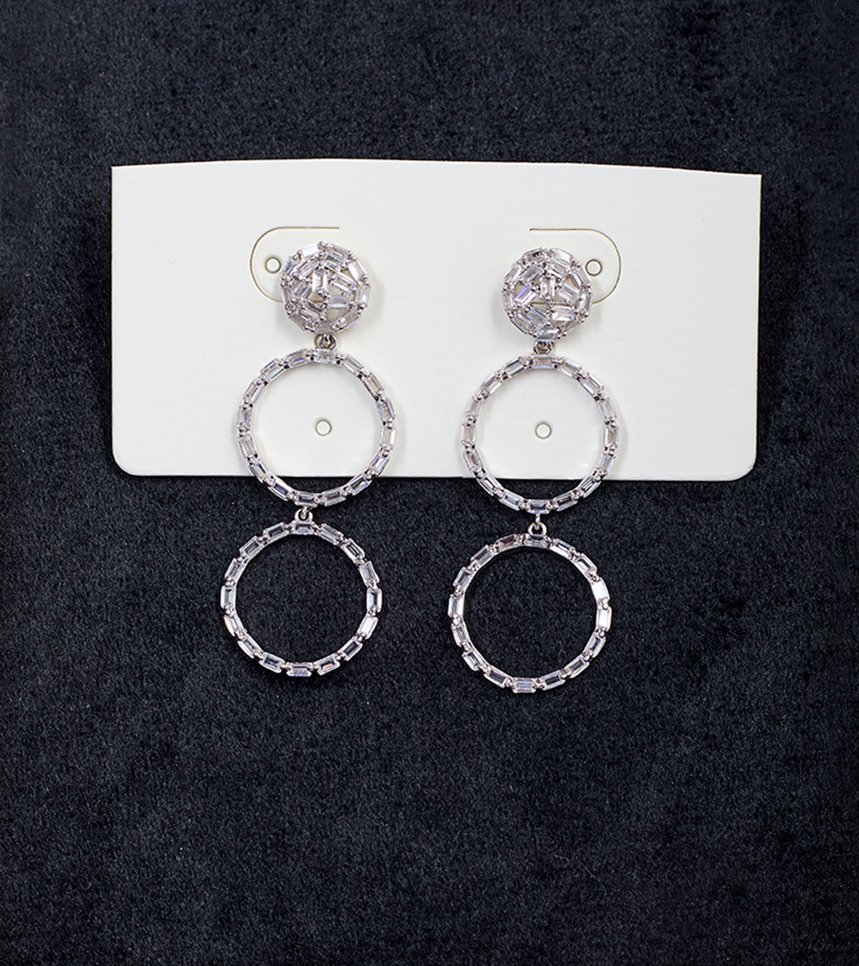 Silver Double Circle | Brass & Silver Plated | Baguette Drop Earrings