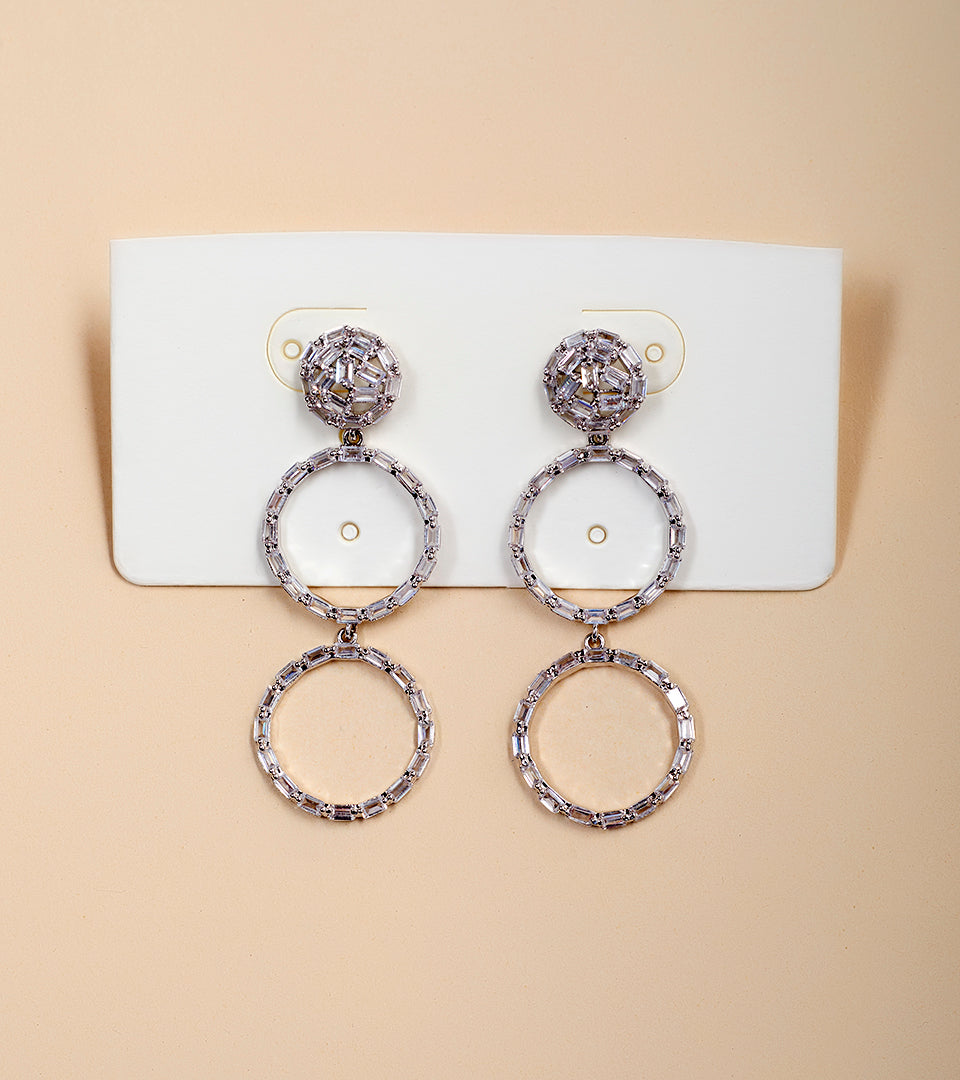 Silver Double Circle Baguette Drop Earrings - silver baguette CZ tiered circle drop earrings