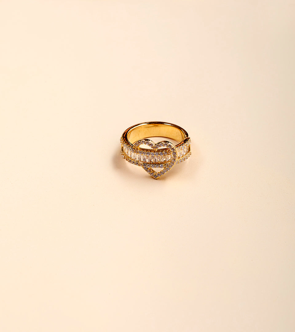Gold Baguette Heart CZ Ring - gold wide band ring with pavé heart and baguette CZ stones