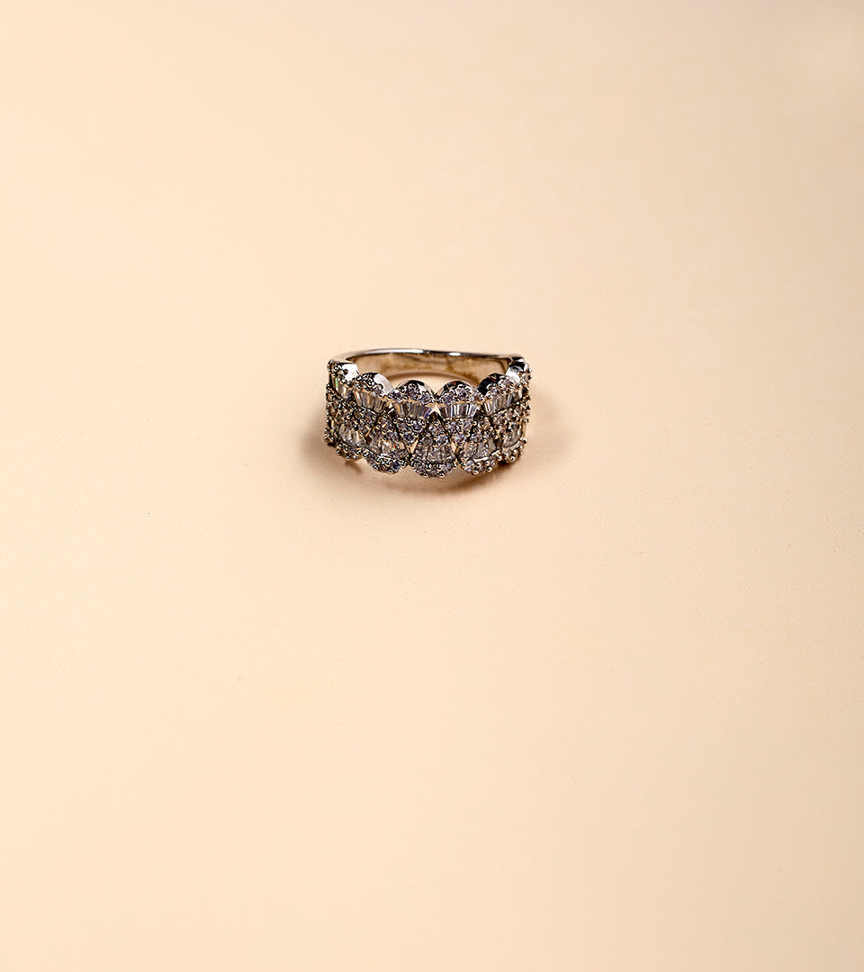 Silver Wide Scallop Baguette Band Ring - silver wide three-row baguette and pavé CZ band ring