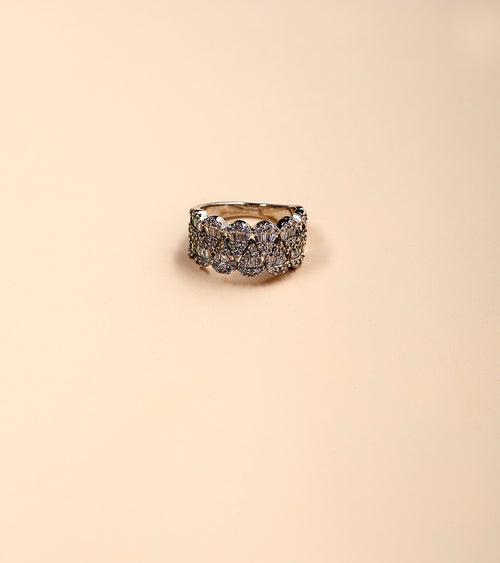 Silver Wide Scallop Baguette Band Ring - silver wide three-row baguette and pavé CZ band ring