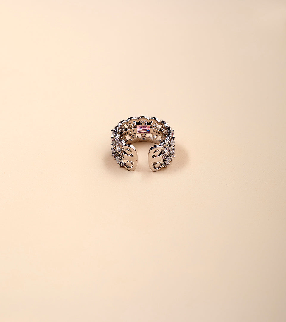 Silver Open-Band Pink CZ Ring - silver pavé scallop open band with pink centre stone
