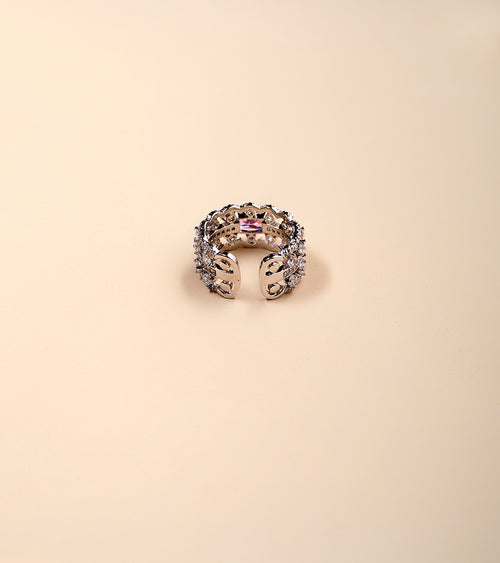 Silver Open-Band Pink CZ Ring - silver pavé scallop open band with pink centre stone