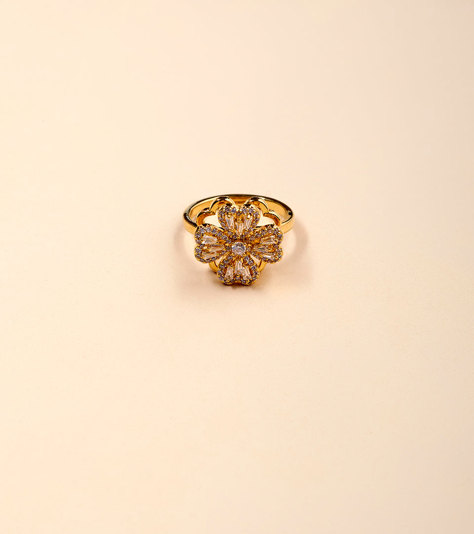 Golden Floral Blossom CZ Ring - gold-tone pavé floral cocktail ring