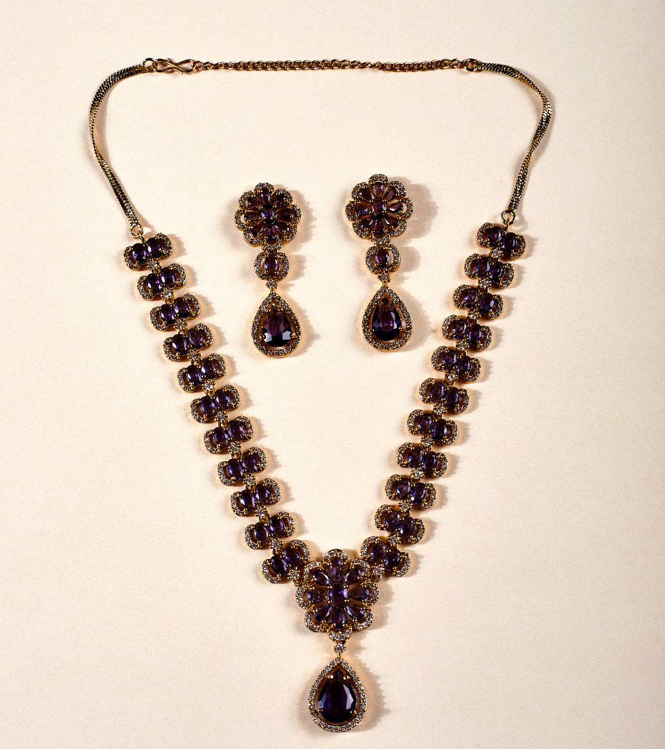 Emerald Voilet Floral Bridal Necklace Set