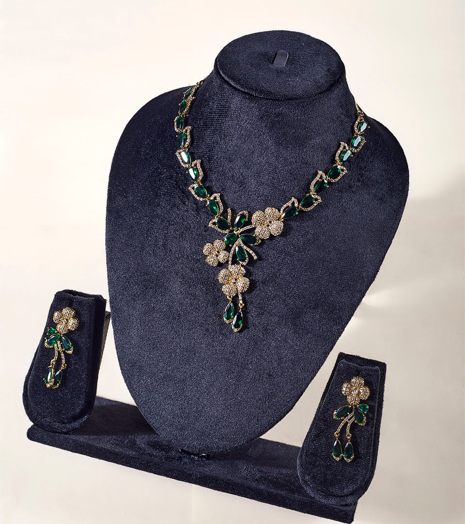 Emerald Green Oval Pendant Necklace Set flat lay on white background
