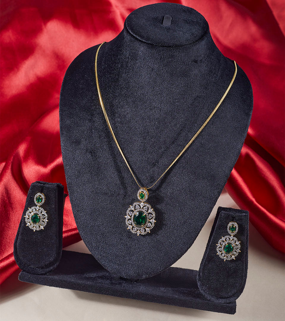Emerald Green Sunburst CZ Pendant Necklace Set - alternate display angle