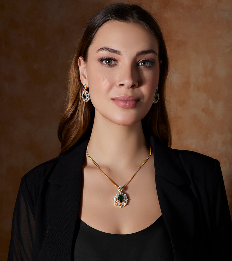 Emerald Green Sunburst CZ Pendant Necklace Set