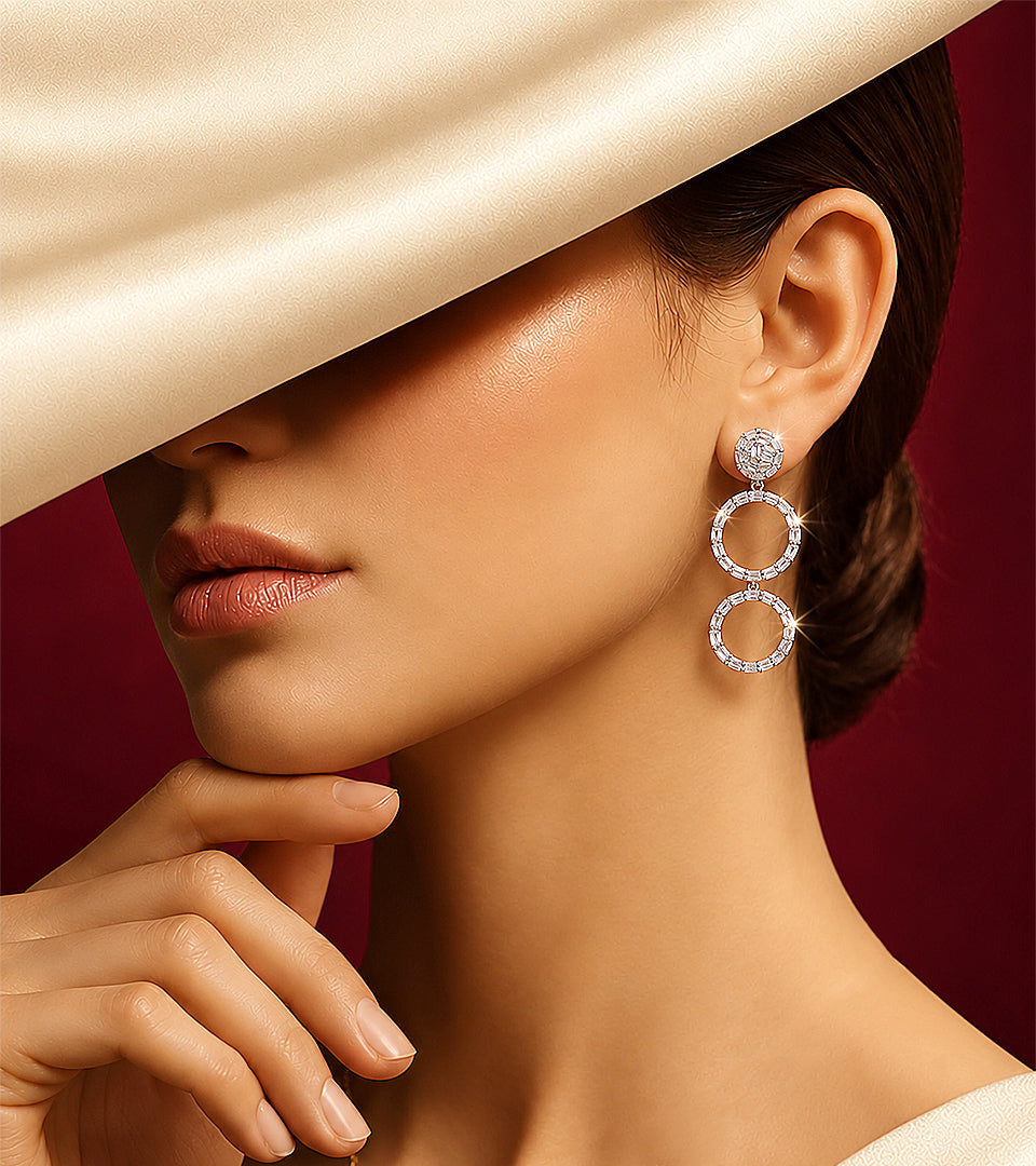 Silver Double Circle | Brass & Silver Plated | Baguette Drop Earrings