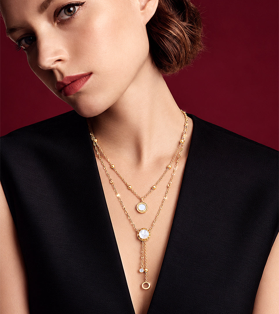 Model wearing Elegant Roman Numeral Layered Necklace