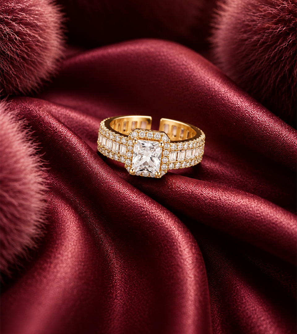 Premium Cushion-Cut Gold-Plated Finger Ring on burgundy satin