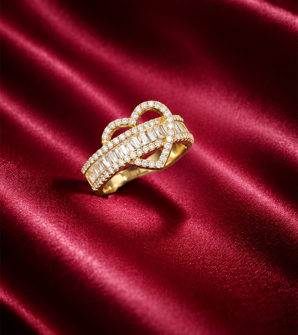 Gold Baguette Heart | Brass & 18K Gold Plated | CZ Ring