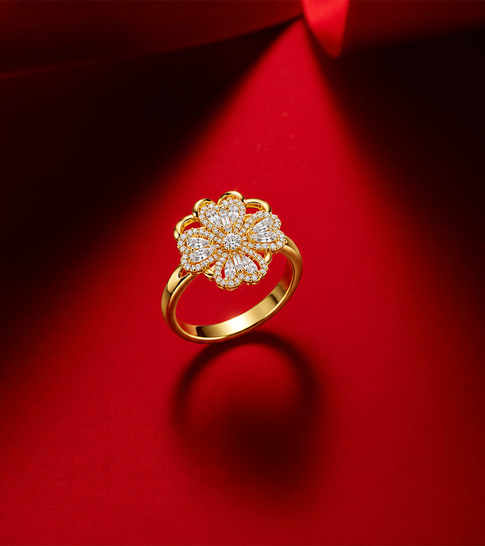 Golden Floral Blossom | Brass & 18K Gold Plated | CZ Ring