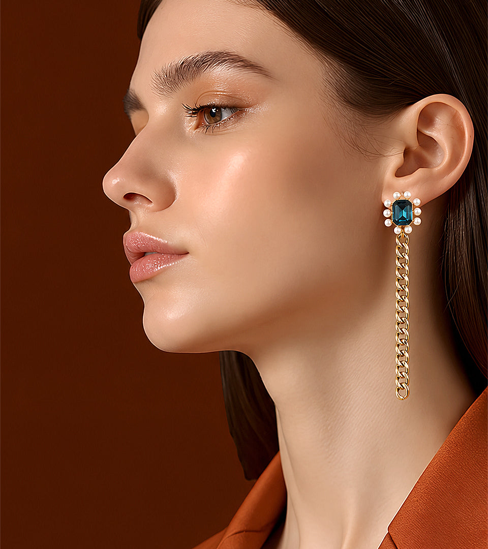 Premium Blue Gemstone | Brass & 18K Gold Plated | Pearl Chain Earrings